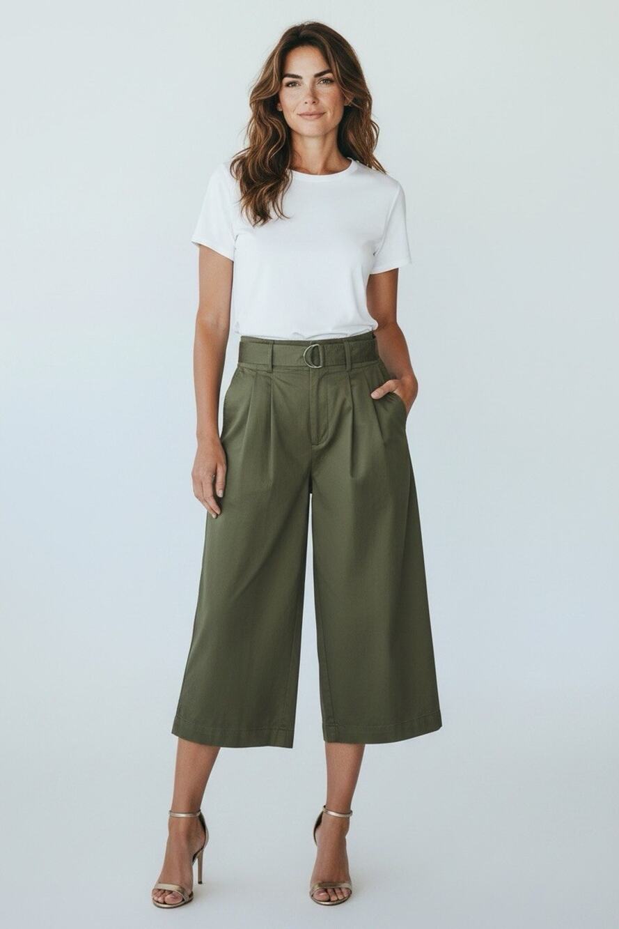 Banana Republic Wide Leg Cropped Pant W Belt In Army Green, Women’s Size 4P